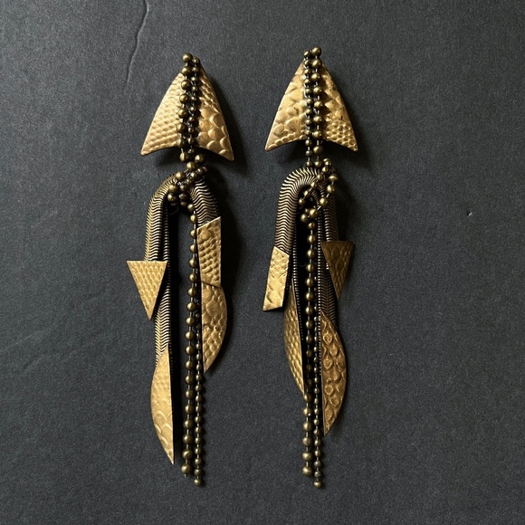 80's Mixed Metal Ball Chain Modern Brutalist Artisan Arrowhead Dangle Earrings - Picture 12 of 12